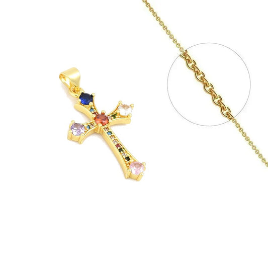 Collier doré chaîne et pendentif croix colorée zirconiums sertis