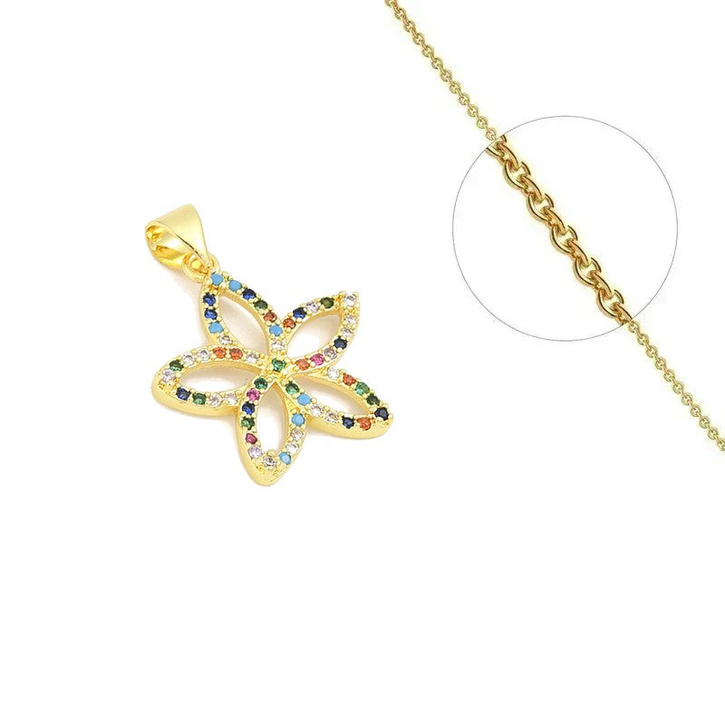 Collier doré chaîne et pendentif fleurs zirconiums couleurs sertis