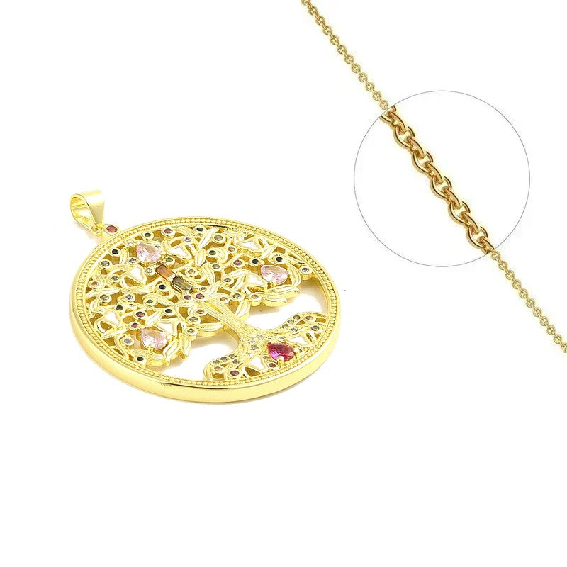 Collier chaîne et pendentif arbre de vie cœur zirconiums rose sertis