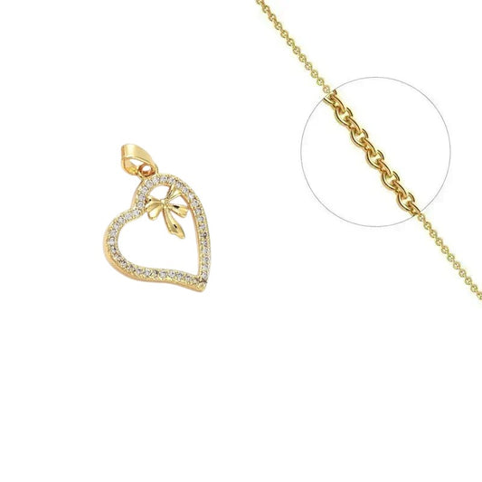 Gold necklace chain and heart pendant and ribbon set with zirconiums