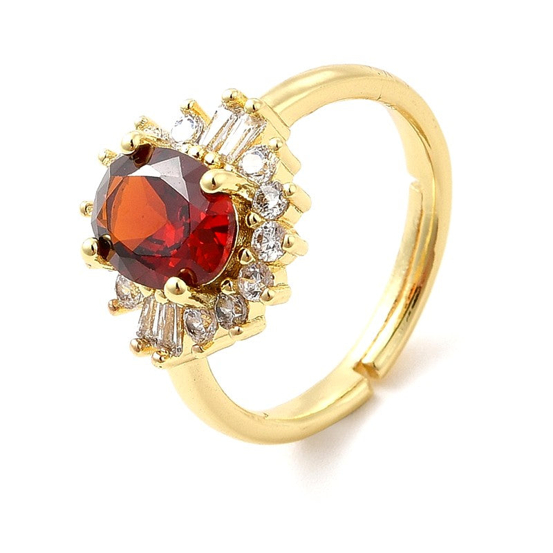 Adjustable women's ring with red zirconium flower