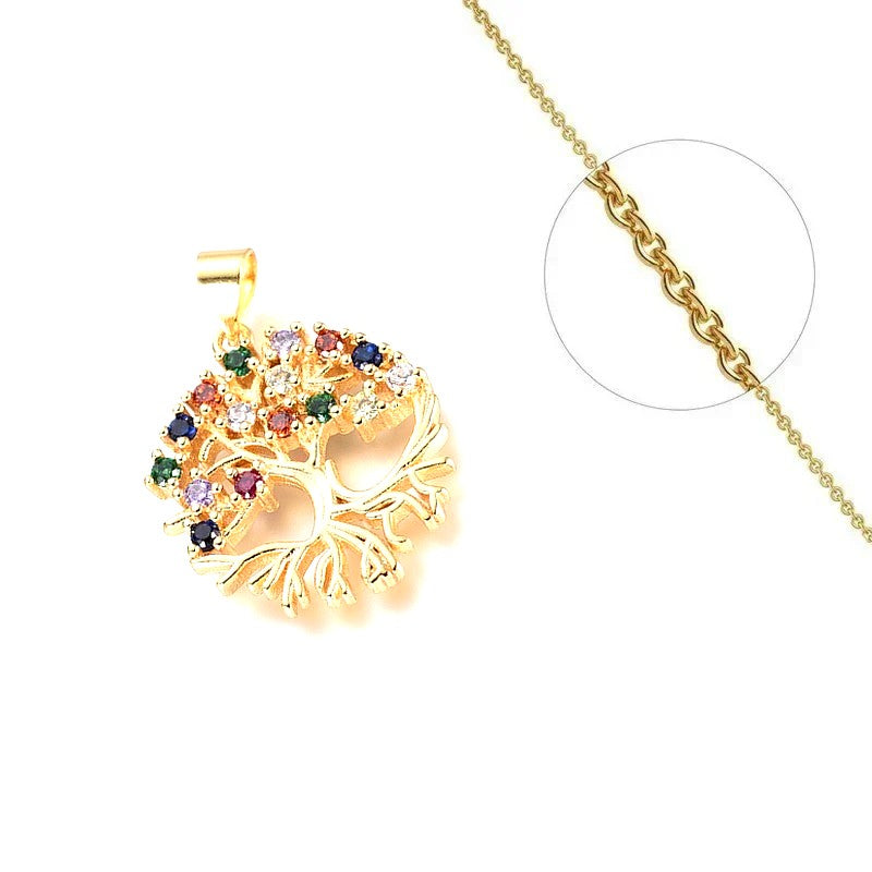 Collier chaîne et pendentif arbre de vie zirconiums couleurs sertis