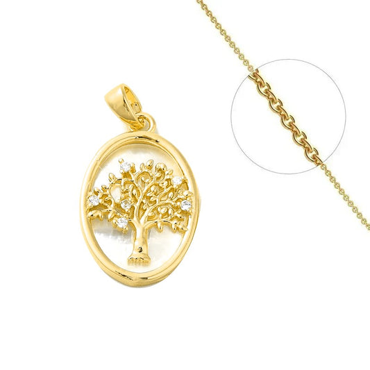 Collier chaîne et pendentif nacre arbre de vie zirconiums blancs sertis