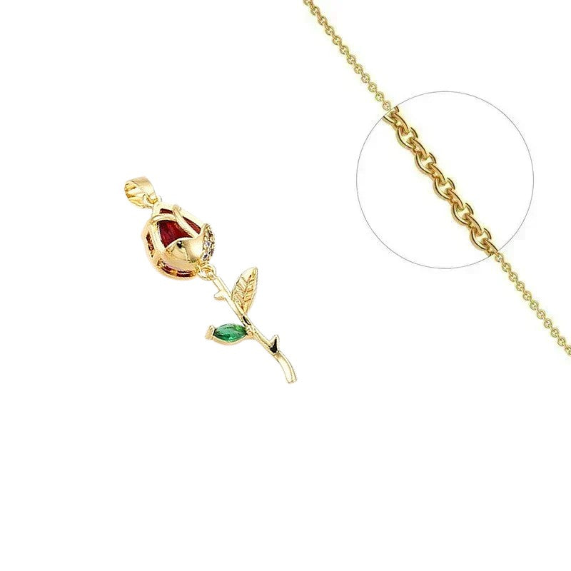 Gold chain necklace and flower pendant set with zirconiums