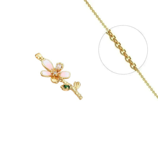 Gold necklace chain and mother-of-pearl flower pendant set with zirconiums