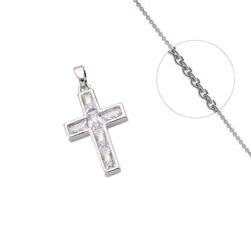 Collier doré chaîne et pendentif croix zirconiums sertis