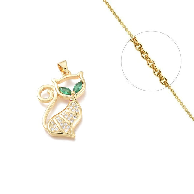 Collier chaîne et pendentif chat zirconiums sertis vert Colliers plaqué or Bijouxmode