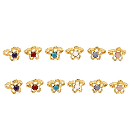 Lot de 10 Bagues acier inoxydable motif fleur pierres naturelles mélangées