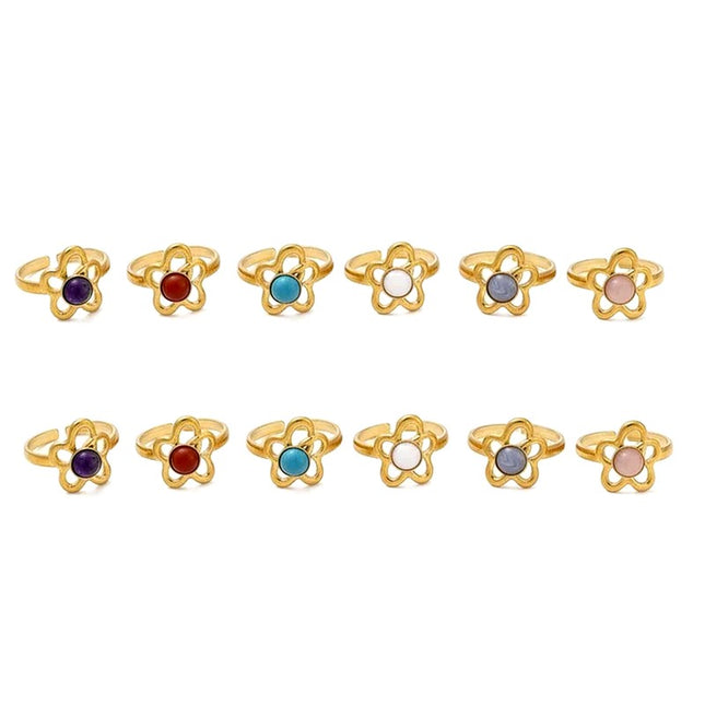 Lot de 10 Bagues acier inoxydable motif fleur pierres naturelles mélangées