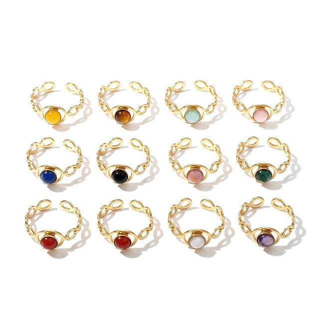 Lot de 12 Bagues acier inoxydable pierres naturelles mélangées