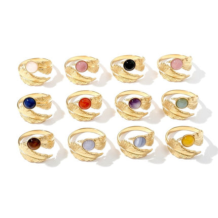 Lot de 12 Bagues acier inoxydable pierres naturelles mélangées motif feuille