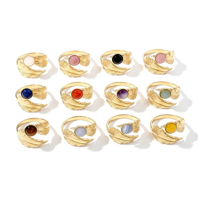 Lot de 12 Bagues acier inoxydable pierres naturelles mélangées motif feuille