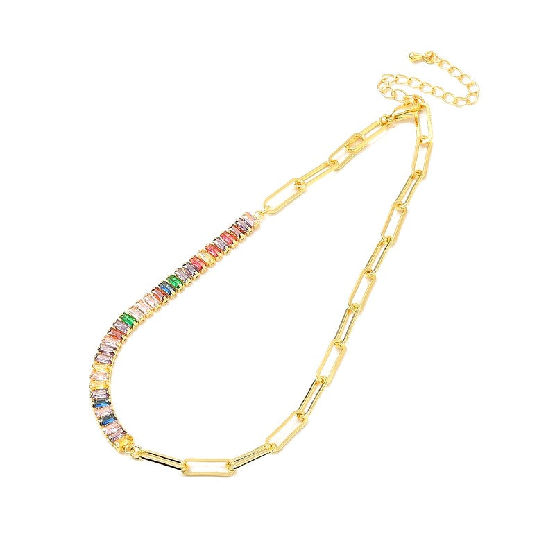 Collier chaîne trombone et zirconiums colorés plaqué 18K