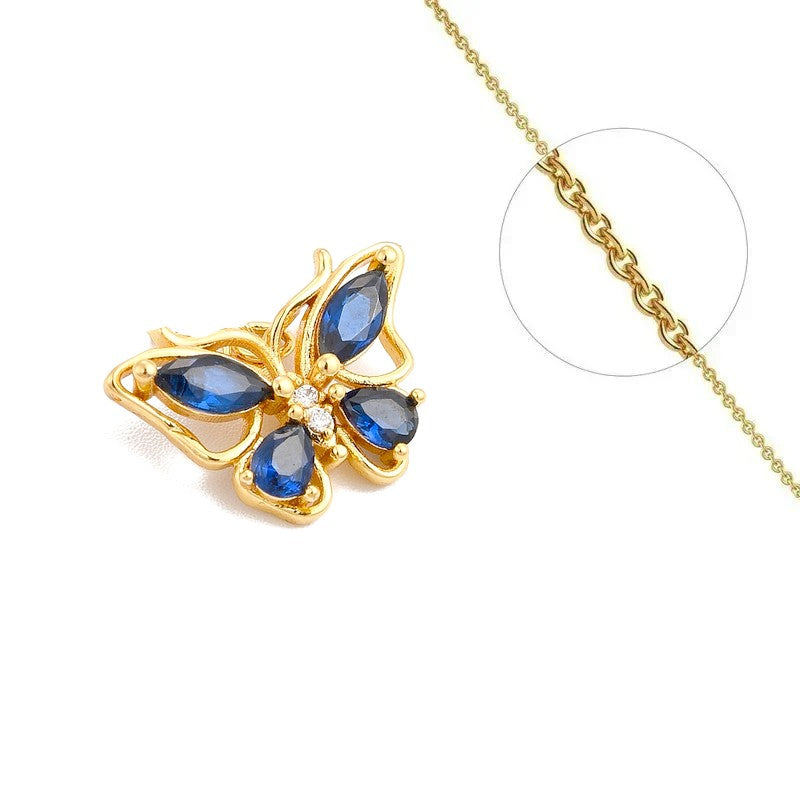 Collier chaîne et pendentif papillon zirconiums bleus sertis