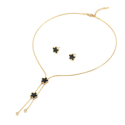 Parure collier boucles d'oreilles acier inoxydable fleurs nacre noir