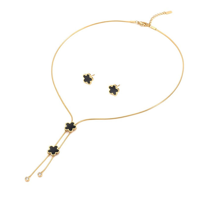 Parure collier boucles d'oreilles acier inoxydable fleurs nacre noir