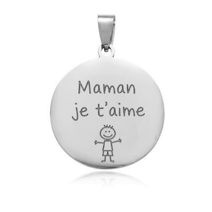 Pendentif acier à personnaliser rond argenté 25*1.5 mm maman je t'aime
