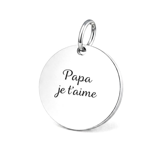Pendentif acier à personnaliser rond argenté thème Papa je t'aime