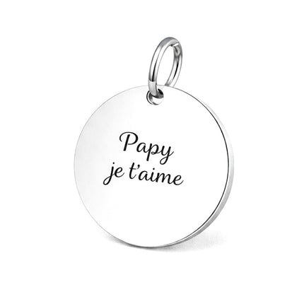 Pendentif acier à personnaliser rond argenté thème Papy je t'aime
