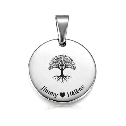 Pendentif acier à personnaliser rond argenté arbre de vie Jimmy et Helene