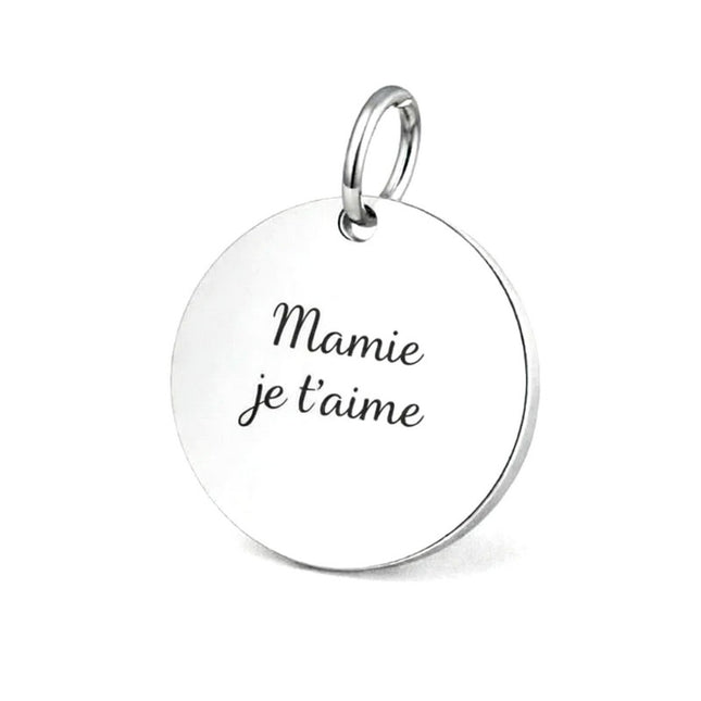 Pendentif acier à personnaliser rond argenté thème Mamie je t'aime
