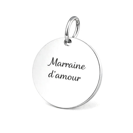 Pendentif acier à personnaliser rond argenté thème Marraine d'amour