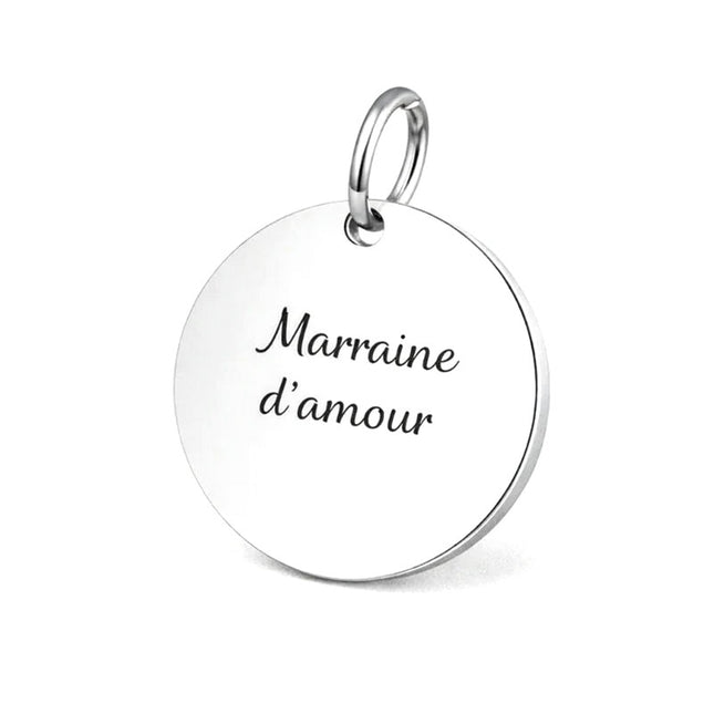 Pendentif acier à personnaliser rond argenté thème Marraine d'amour