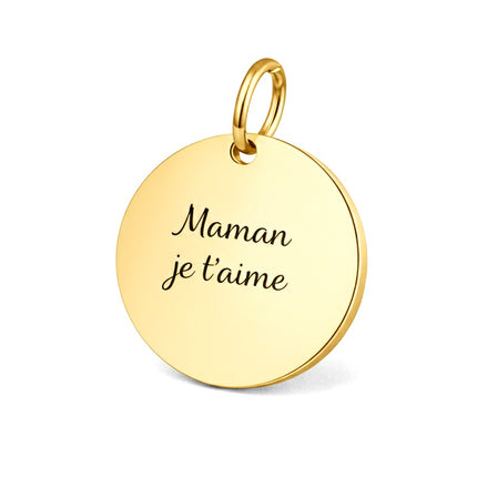 Pendentif acier personnaliser rond dorée thème Maman je t aime.