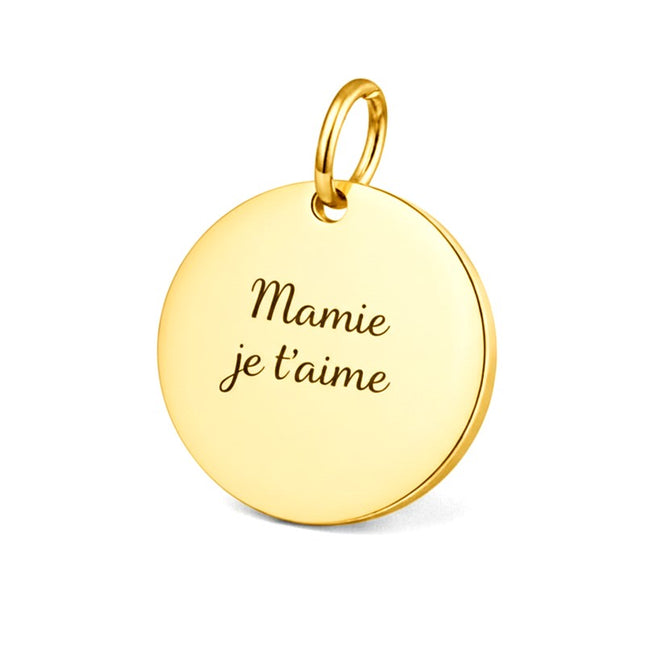Pendentif acier à personnaliser rond doré thème Mamie je t'aime