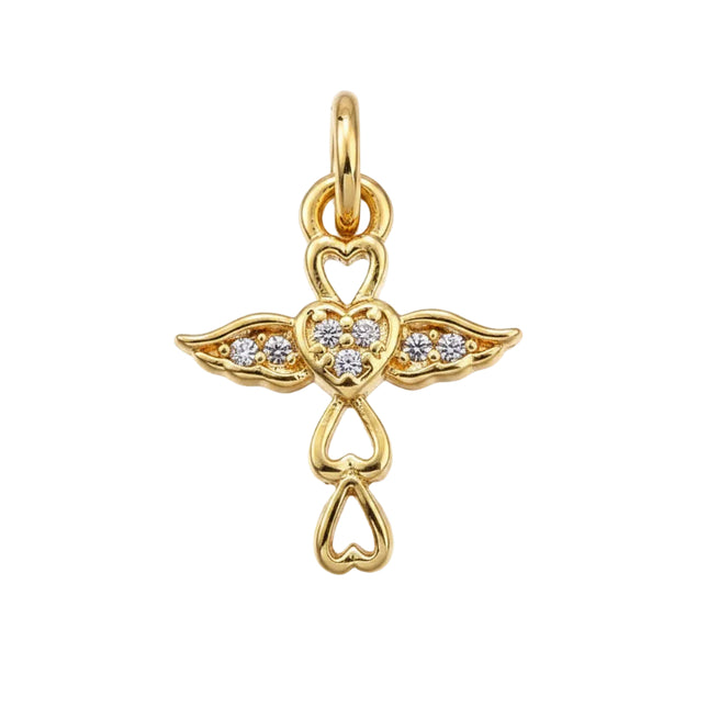 Pendentif breloque croix ailes d'ange zirconiums sertis