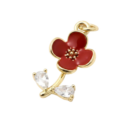 Pendentif breloque fleur émail rouge et zirconiums blanc