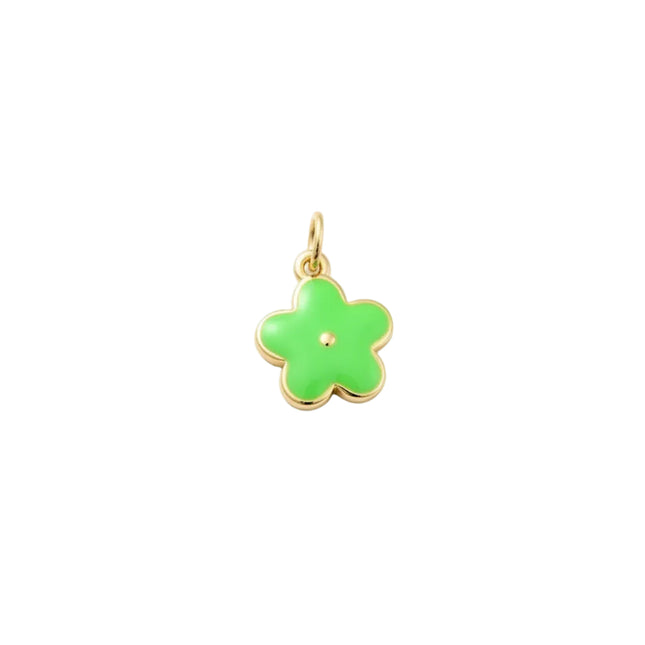 Pendentif breloque petite fleur verte argenté zirconiums sertis