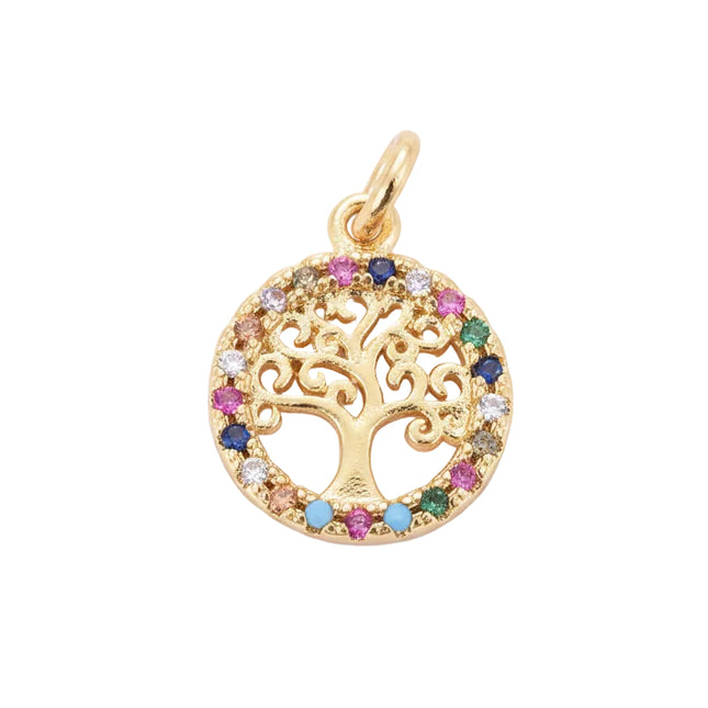 Pendentif breloque rosace arbre de vie doré à l'or fin zirconiums couleurs sertis