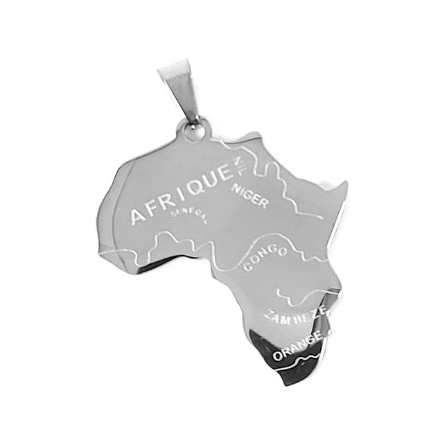 Pendentif acier 316 inoxydable carte d'Afrique argenté 50 mm Bijouxmode