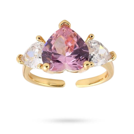 Bague femme réglable trio de cœur avec zirconiums colorés sertis