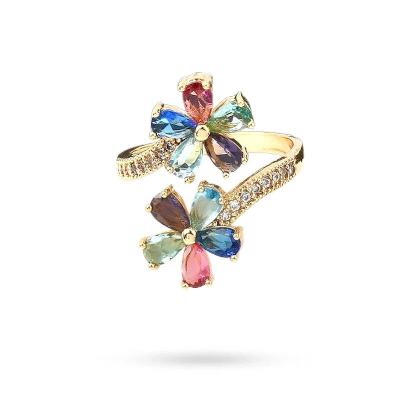 Bague femme réglable double fleur avec zirconiums couleurs sertis