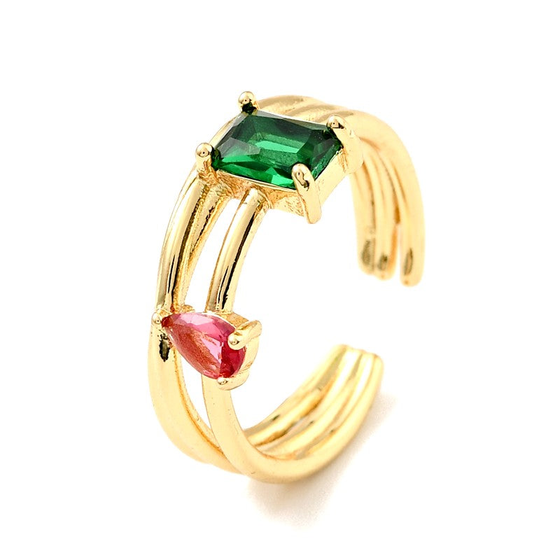 Anillo de mujer ajustable con dos diamantes CZ verdes y rosas engastados