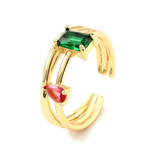 Anillo de mujer ajustable con dos diamantes CZ verdes y rosas engastados