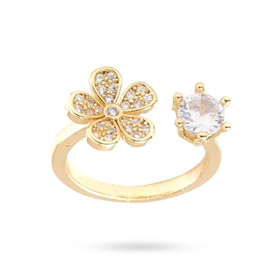 Anillo de mujer ajustable con flores de circonitas engastadas.