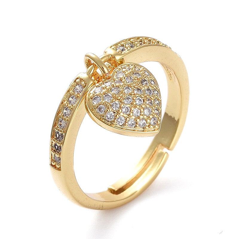 Adjustable women's ring with heart charm adorned with set zirconiums