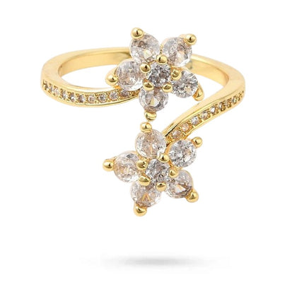 Bague femme réglable deux fleurs oxydes blancs Bagues plaqué or Bijouxmode