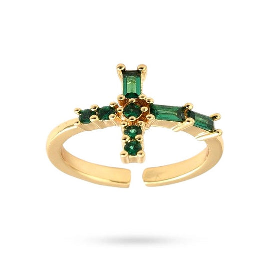 Anillo de mujer ajustable con cruz de circonitas verdes