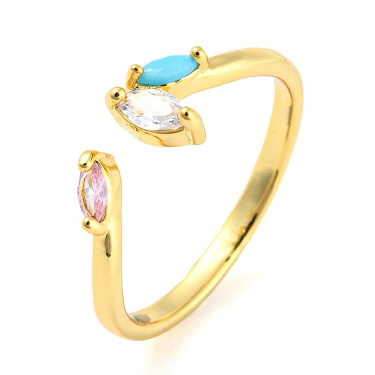 Anillo de mujer ajustable con 3 circonitas rosas, azules y blancas.