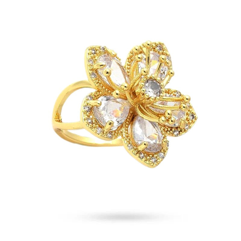 Bague femme réglable grosse fleur avec zirconiums sertis