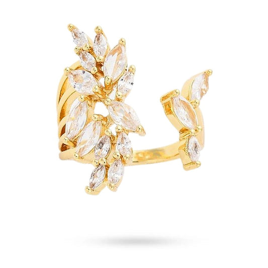 Bague femme réglable pétales de fleur avec zirconiums blancs sertis