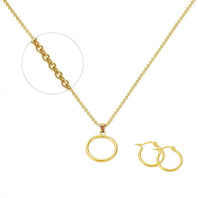 Stainless steel necklace and earrings set - Gold color - round