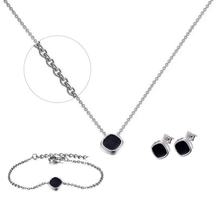 Stainless steel necklace, earrings and bracelet set - black enamel