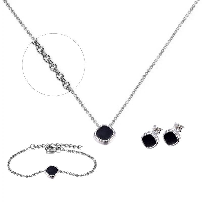 Parure collier boucles d'oreilles et bracelet acier inoxydable - émail noir