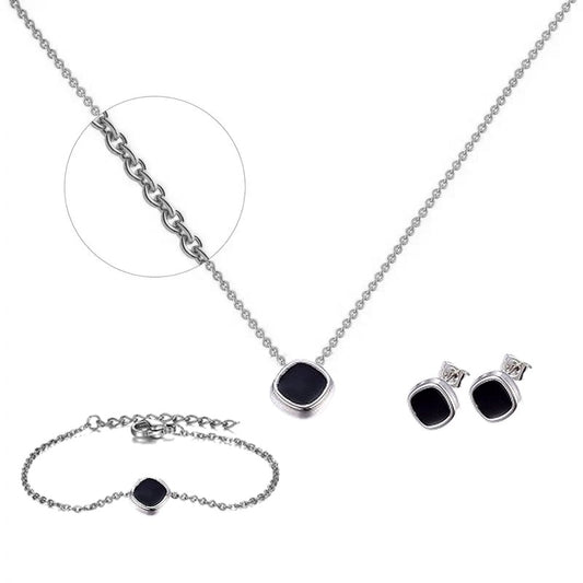 Parure collier boucles d'oreilles et bracelet acier inoxydable - émail noir