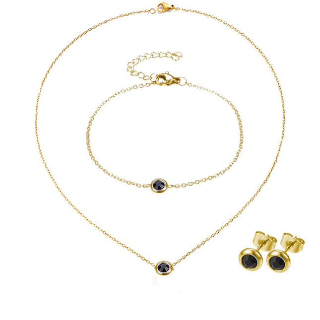 Gold-plated stainless steel necklace, earrings and bracelet set - black zirconium